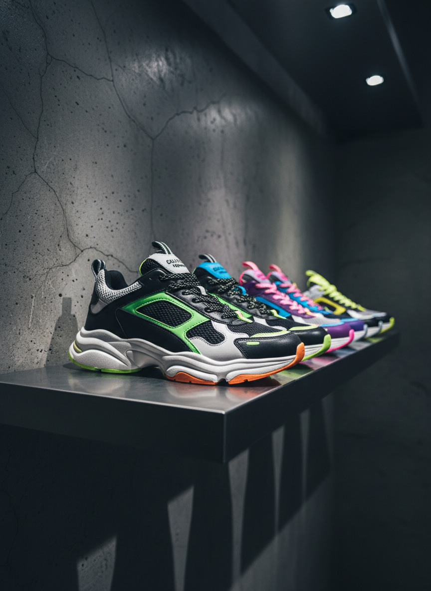 A row of high-end streetwear sneakers imported from California displayed on a raw steel shelf against a textured charcoal wall. Each pair is different yet cohesive: chunky silhouettes, layered mesh and leather, bold color blocking in neon accents, and sculpted midsoles. The camera is at eye level, framing the closest pair in razor-sharp focus while the others recede into a soft cinematic blur, like a hero shot from a fashion film. Cool overhead spotlights create dramatic highlights on the leather and subtle reflections on the steel, casting long shadows on the wall. The atmosphere is sleek, bold, and aspirational, evoking an underground LA boutique translated into a cinematic, high-contrast, photographic style image.