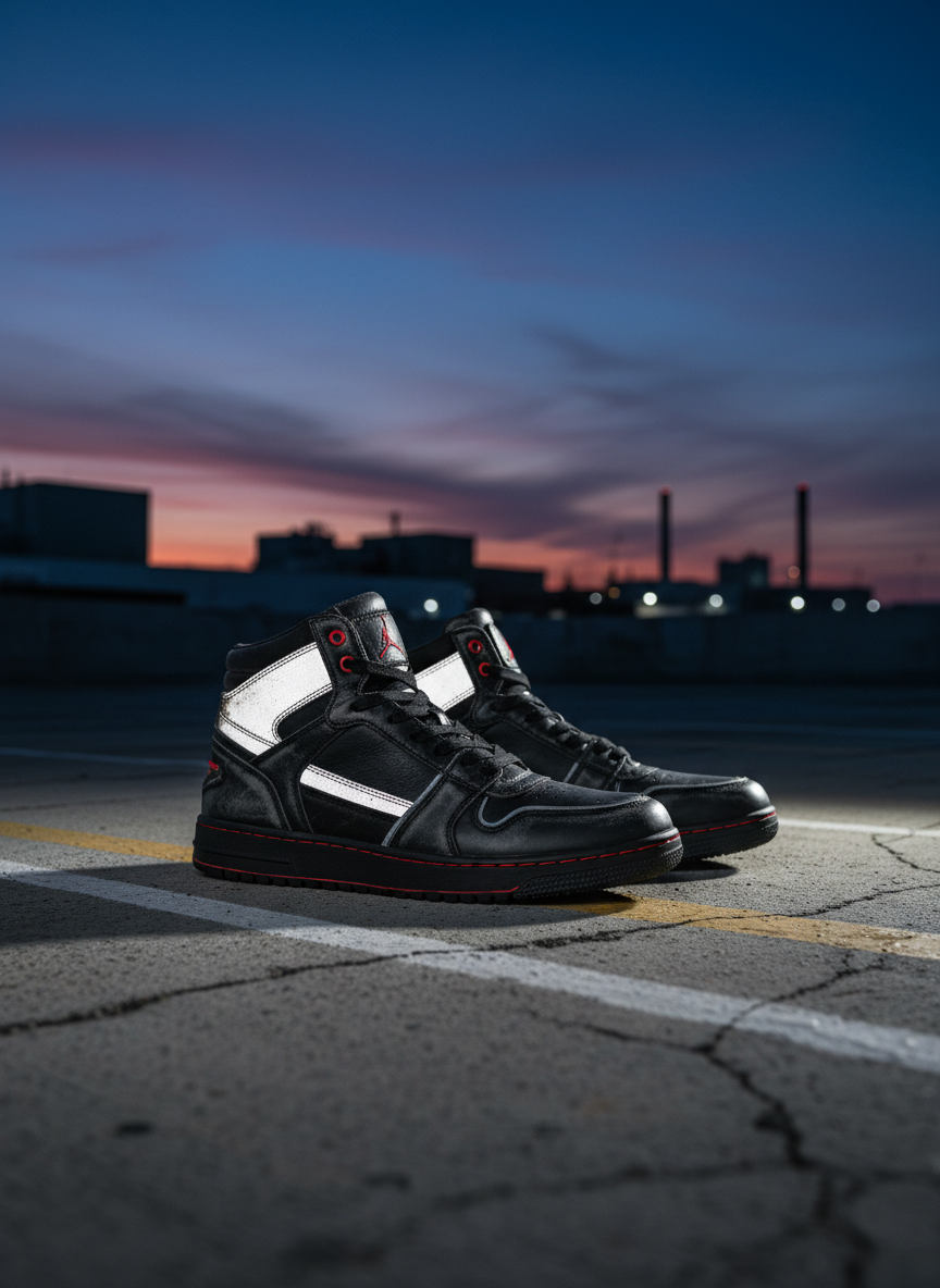A gritty, cinematic product shot of a pair of imported high-top sneakers placed on an empty urban rooftop at dusk. The shoes feature layered black leather, reflective silver panels, and subtle red detailing around the eyelets and outsole. They rest on rough, cracked concrete with faint paint markings. In the distance, out of focus, are silhouettes of low industrial buildings under a deep blue California sky with the last streaks of sunset. A single cool-toned light from the right creates sharp side lighting, highlighting creases in the leather and making the reflective elements glow. Shot from a low, almost ground-level angle with a shallow depth of field, the mood is raw, cinematic, and rebellious, perfect for a bold streetwear brand.