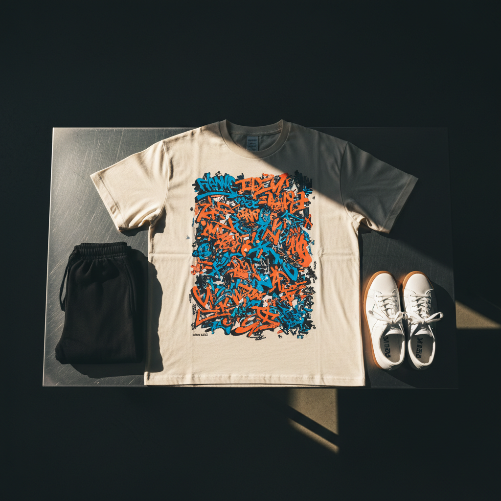 A single statement graphic tee laid flat on a brushed black metal table, the shirt a thick, off-white cotton with a bold, oversized front print inspired by California freeways and graffiti tags. The print combines neon orange, electric blue, and matte black ink with tiny, intricate details and a small “since 2022” mark near the hem. A folded pair of minimalist black joggers and a box-fresh pair of white low-top sneakers with gum soles frame the tee. A hard-edged beam of golden-hour light cuts across the table from the side, creating elongated shadows and a cinematic glow, while the rest of the studio remains in moody darkness. Shot from directly above with a tight composition, the mood is edgy, precise, and unapologetically bold.