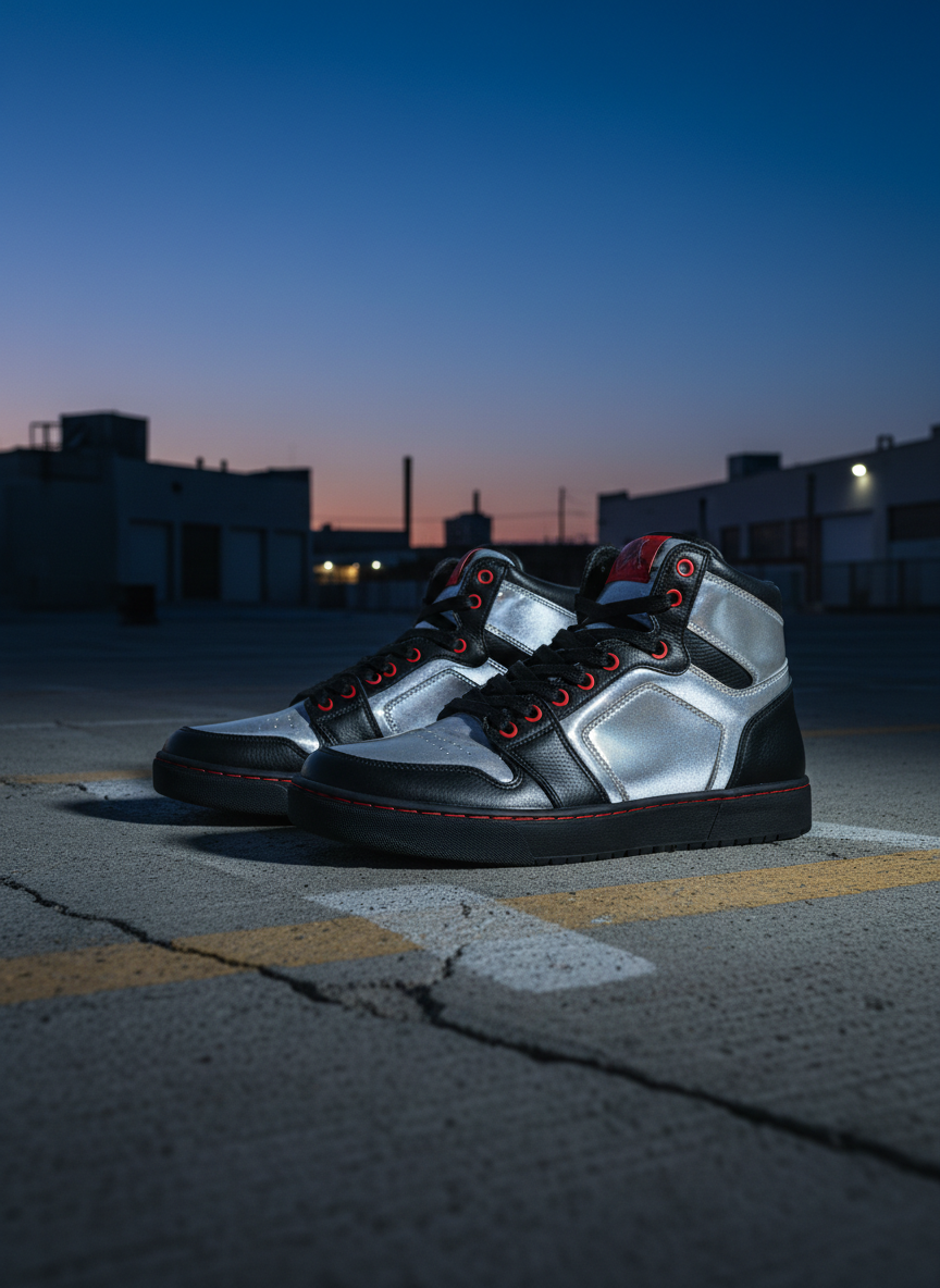 A gritty, cinematic product shot of a pair of imported high-top sneakers placed on an empty urban rooftop at dusk. The shoes feature layered black leather, reflective silver panels, and subtle red detailing around the eyelets and outsole. They rest on rough, cracked concrete with faint paint markings. In the distance, out of focus, are silhouettes of low industrial buildings under a deep blue California sky with the last streaks of sunset. A single cool-toned light from the right creates sharp side lighting, highlighting creases in the leather and making the reflective elements glow. Shot from a low, almost ground-level angle with a shallow depth of field, the mood is raw, cinematic, and rebellious, perfect for a bold streetwear brand.