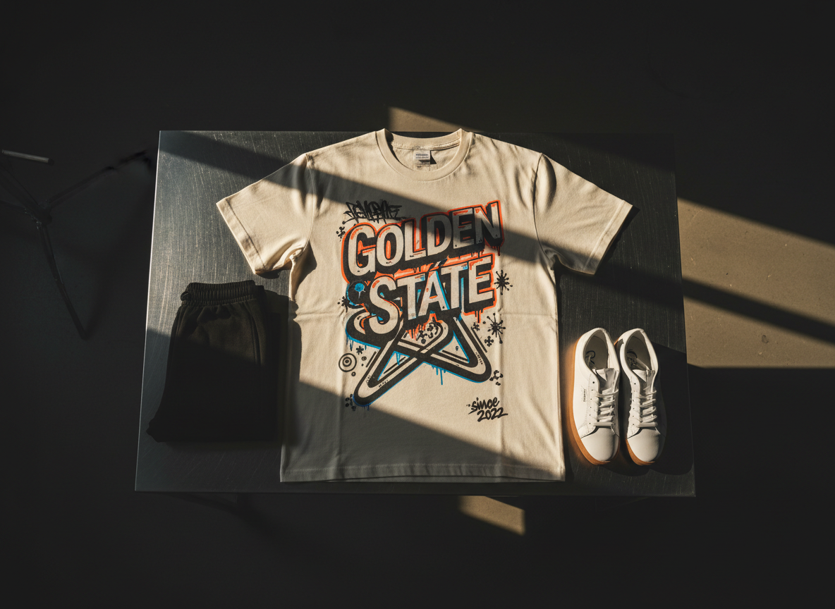 A single statement graphic tee laid flat on a brushed black metal table, the shirt a thick, off-white cotton with a bold, oversized front print inspired by California freeways and graffiti tags. The print combines neon orange, electric blue, and matte black ink with tiny, intricate details and a small “since 2022” mark near the hem. A folded pair of minimalist black joggers and a box-fresh pair of white low-top sneakers with gum soles frame the tee. A hard-edged beam of golden-hour light cuts across the table from the side, creating elongated shadows and a cinematic glow, while the rest of the studio remains in moody darkness. Shot from directly above with a tight composition, the mood is edgy, precise, and unapologetically bold.