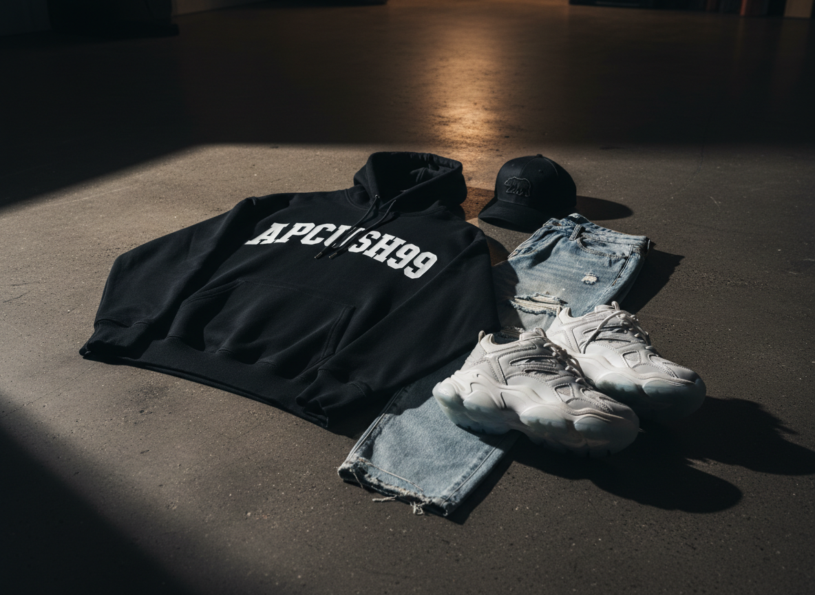 A bold flat lay of premium California streetwear arranged on a dark concrete floor: an oversized black hoodie with a crisp white APCUSH99 logo, heavyweight fabric and ribbed cuffs, next to distressed light-wash denim and a pair of chunky white-and-gray imported sneakers with icy translucent soles. A matte black snapback with subtle embroidery anchors the scene. Dramatic cinematic lighting from one side creates sharp, graphic shadows and metallic highlights on zipper pulls and aglets. The background fades into soft blur, with a slightly elevated, wide-angle composition that feels like a movie still. The mood is confident and urban, with photographic realism and high contrast emphasizing texture, detail, and the bold identity of a curated streetwear catalog from California.