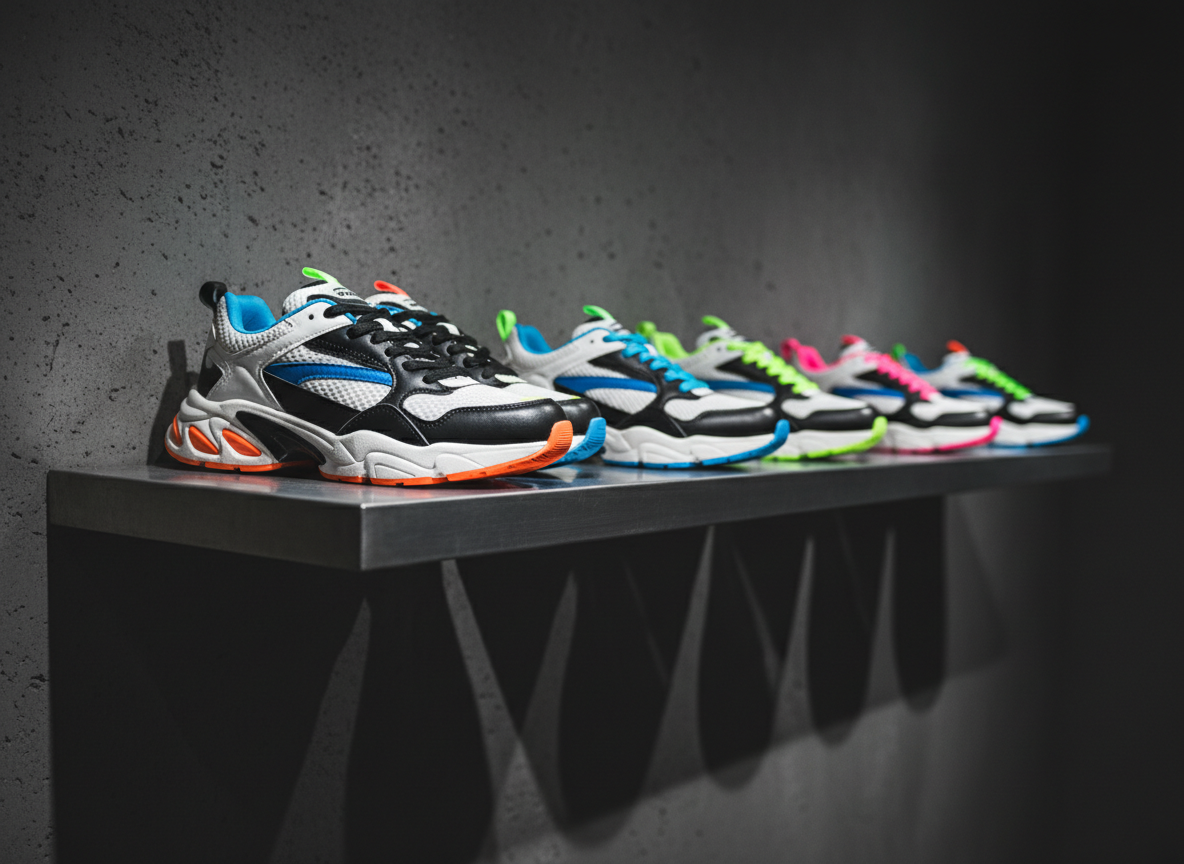 A row of high-end streetwear sneakers imported from California displayed on a raw steel shelf against a textured charcoal wall. Each pair is different yet cohesive: chunky silhouettes, layered mesh and leather, bold color blocking in neon accents, and sculpted midsoles. The camera is at eye level, framing the closest pair in razor-sharp focus while the others recede into a soft cinematic blur, like a hero shot from a fashion film. Cool overhead spotlights create dramatic highlights on the leather and subtle reflections on the steel, casting long shadows on the wall. The atmosphere is sleek, bold, and aspirational, evoking an underground LA boutique translated into a cinematic, high-contrast, photographic style image.